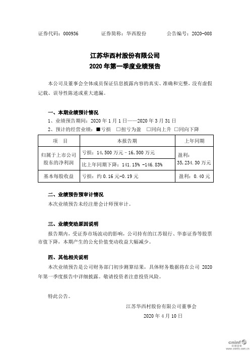 华西股份：2020年一季度业绩预告