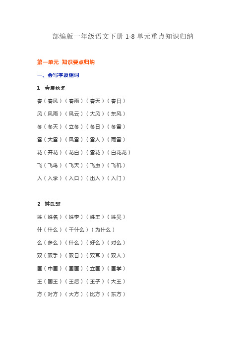 部编版一年级语文下册1-8单元重点知识归纳
