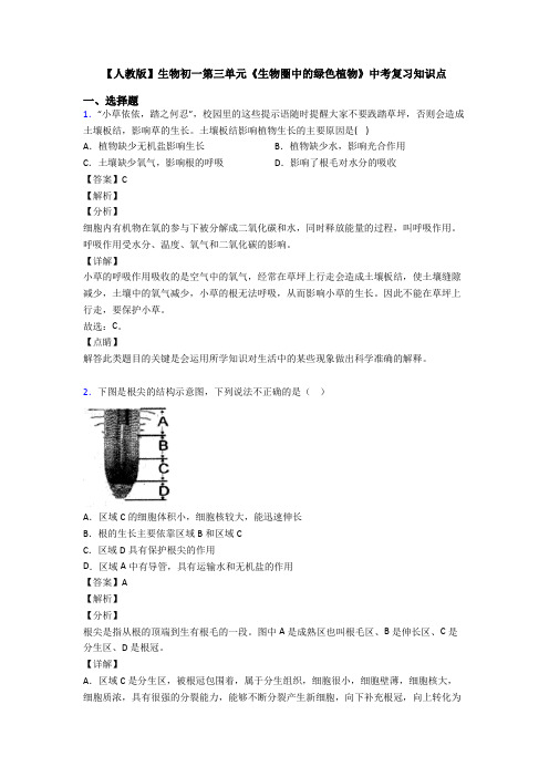 【人教版】生物初一第三单元《生物圈中的绿色植物》中考复习知识点