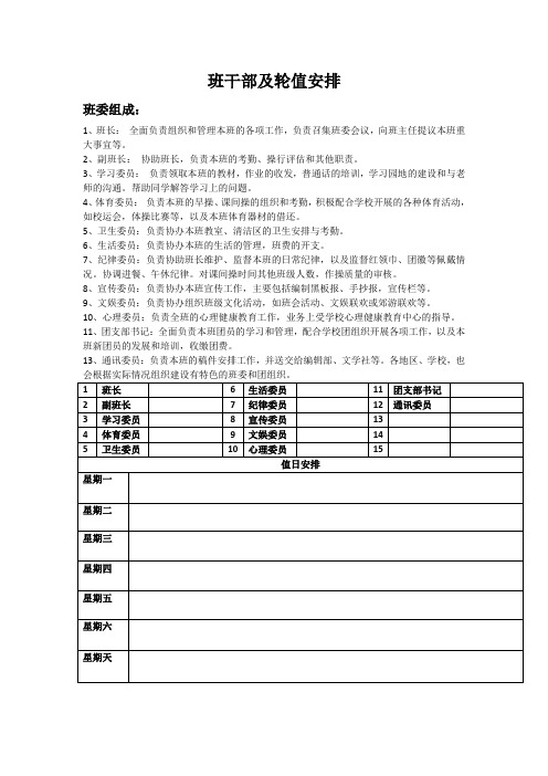 班干部及轮值安排