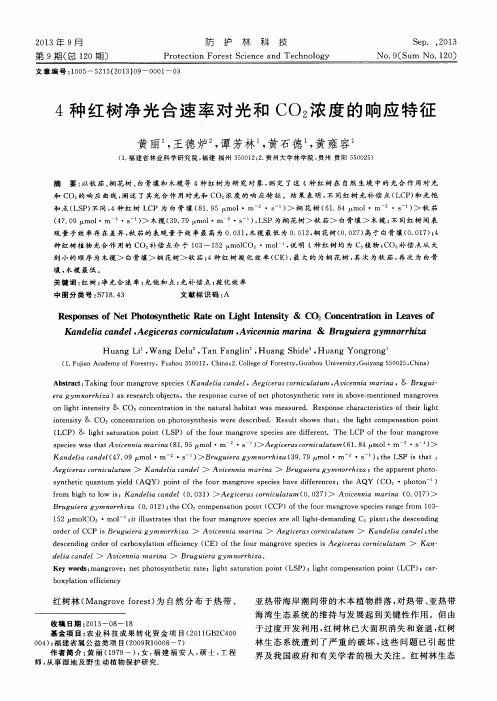 4种红树净光合速率对光和CO2浓度的响应特征