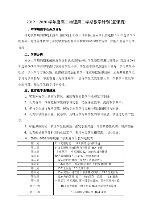 2019—2020学年度高二物理第二学期教学计划(复课后)