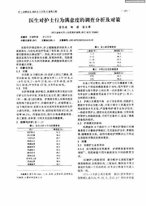 医生对护士行为满意度的调查分析及对策