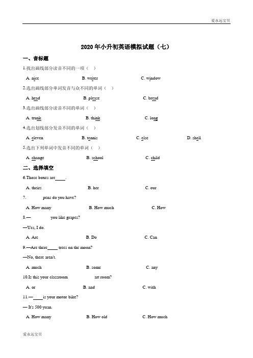 2020年小升初英语模拟必刷题(七) (湘少版含答案)