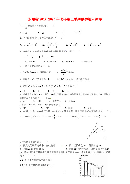 安徽省2019-2020年七年级上学期数学期末试卷