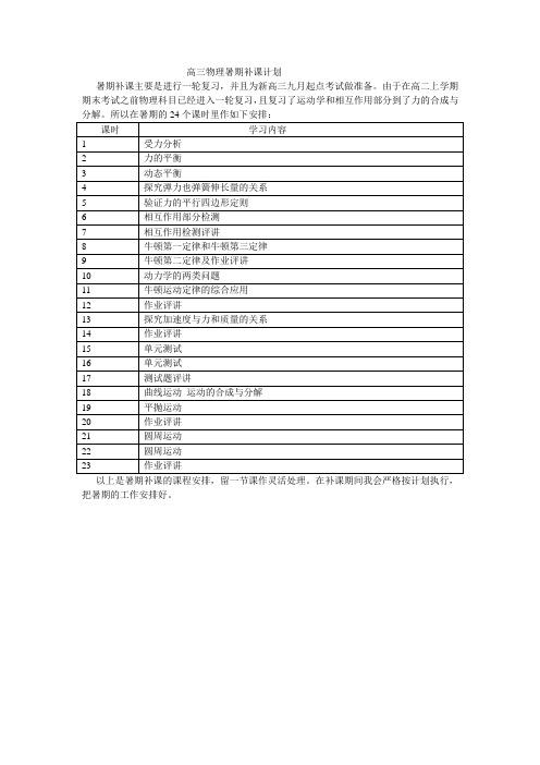 高三物理暑期补课计划