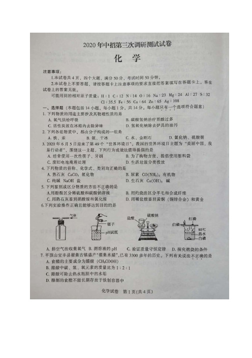 河南省平顶山市2020届九年级中招第三次调研测试化学试题