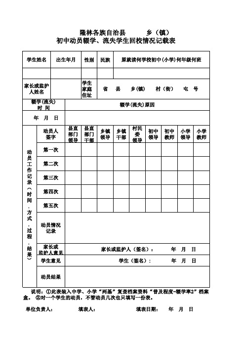 动员辍学、流失学生回校情况记载表