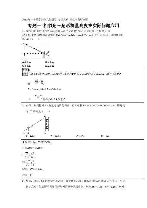 专题一 相似角三角形测量高度在实际问题应用 2020年中考数学冲刺几何题型 专项突破 相似三角形应用(解析版)