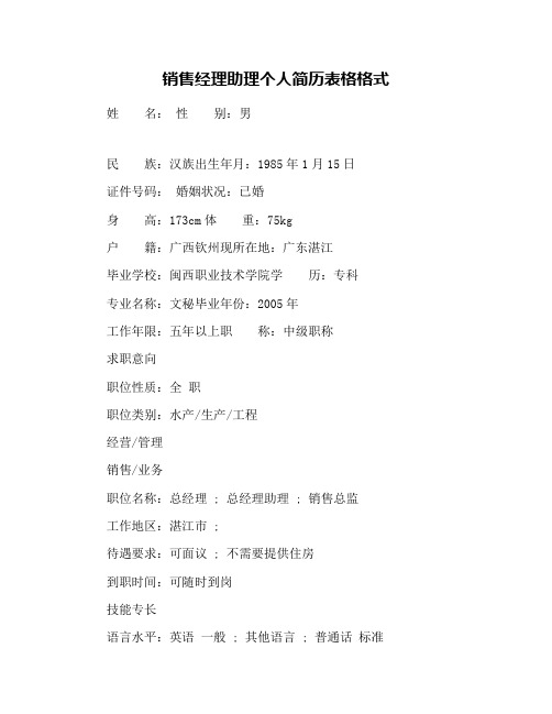 销售经理助理个人简历表格格式