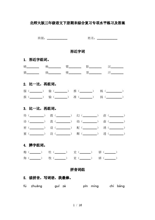 北师大版三年级语文下册期末综合复习专项水平练习及答案
