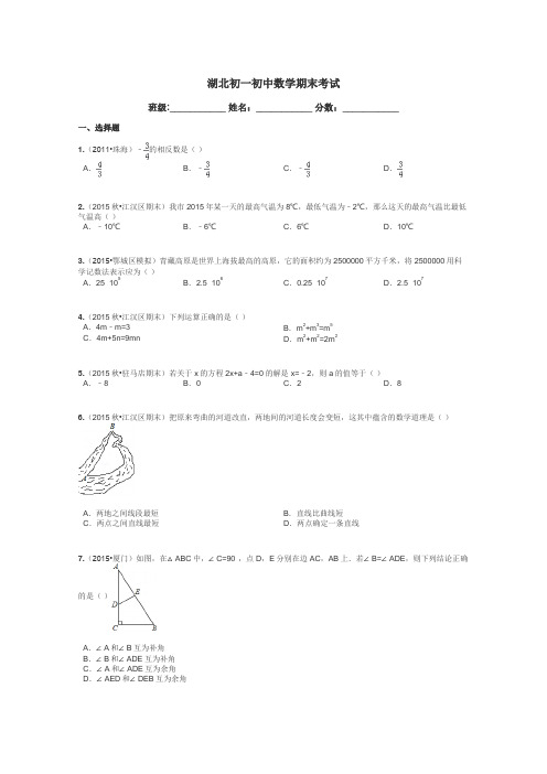湖北初一初中数学期末考试带答案解析
