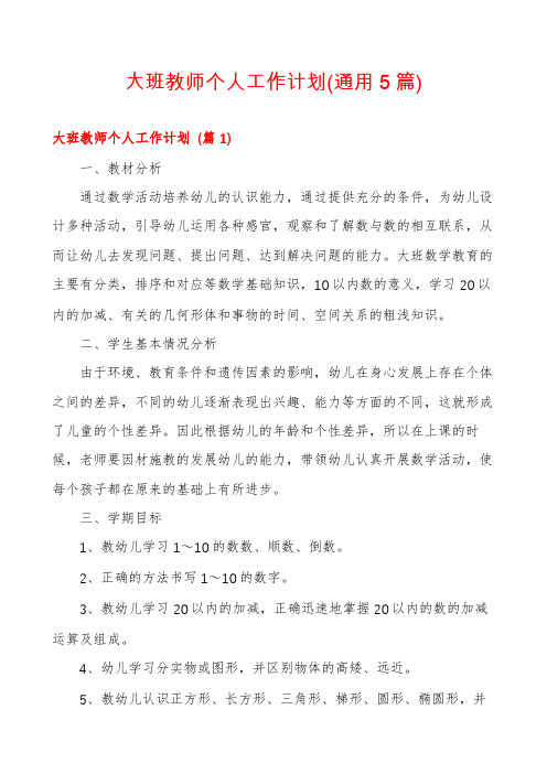 大班教师个人工作计划(通用5篇)