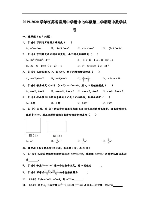 2019-2020学年江苏省泰州中学附中七年级下学期期中数学试卷 (解析版)