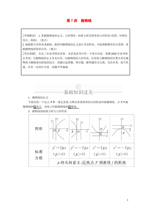 2020版高考数学一轮复习第8章平面解析几何第7讲抛物线讲义(理)(含解析)