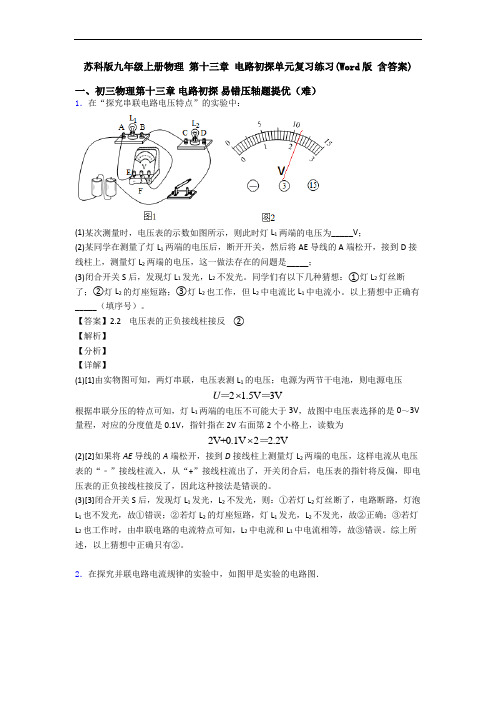 苏科版九年级上册物理 第十三章 电路初探单元复习练习(Word版 含答案)
