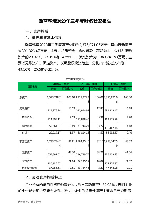 瀚蓝环境2020年三季度财务状况报告