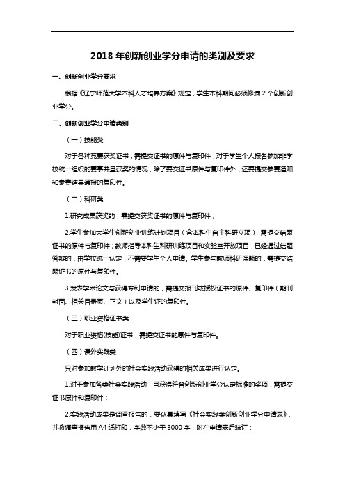 2018年创新创业学分申请的类别及要求
