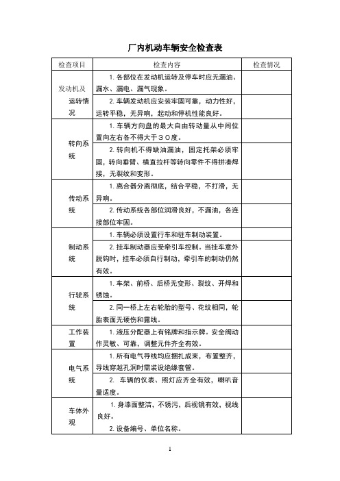 厂内机动车辆安全检查表