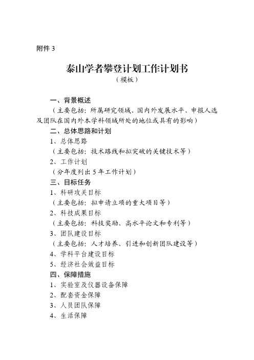 泰山学者攀登计划工作计划书(模板)