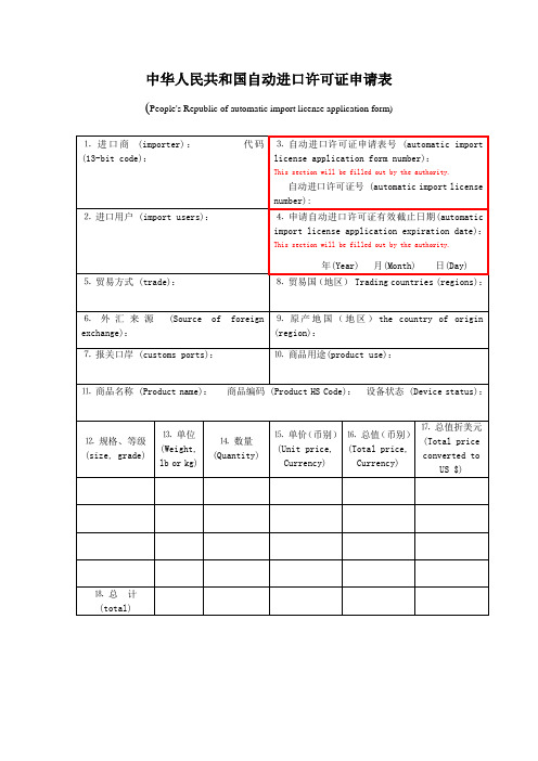 中华人民共和国自动进口许可证申请表