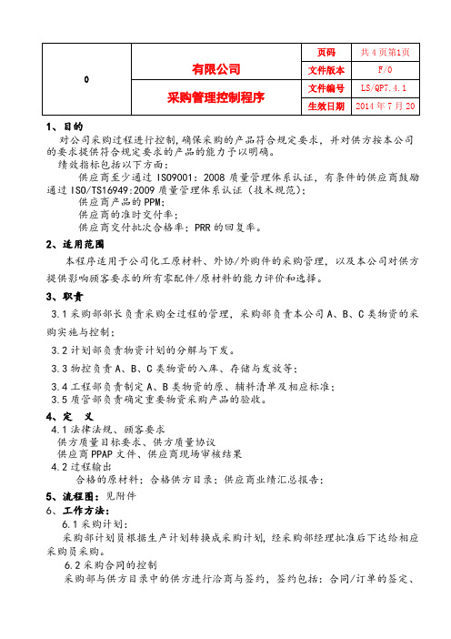 采购管理控制程序【ISO9001程序表格记录】 