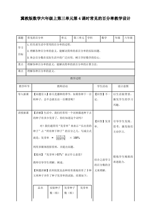 六年级上册数学教案--第3单元-3.4《常见的百分数》冀教版