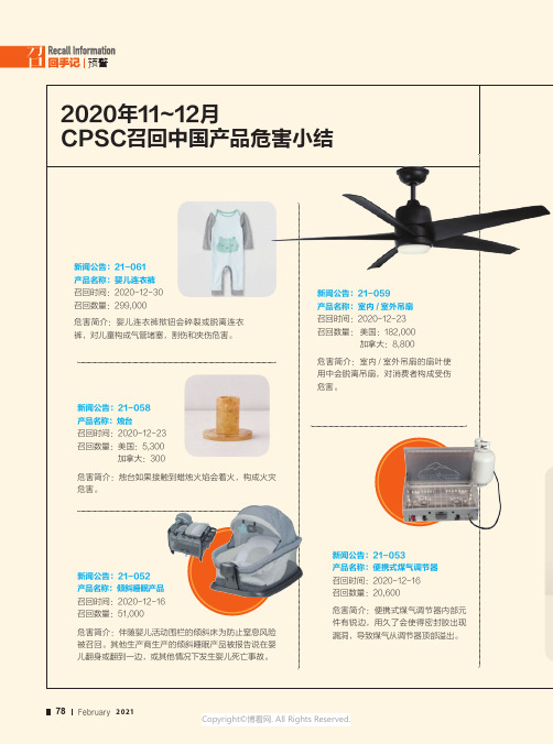 2020年11~12月CPSC召回中国产品危害小结