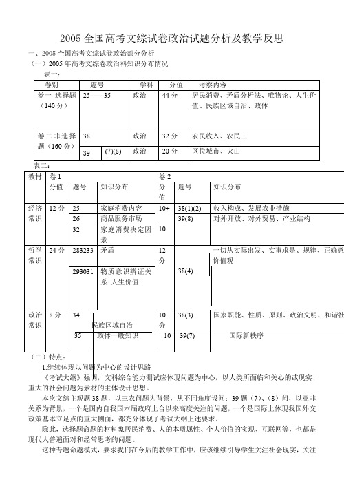 全国高考文综试卷政治试题分析及教学反思