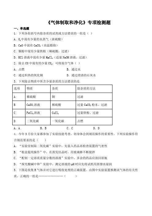 2019年中考化学复习《气体制取和净化》专项检测试题(有答案)