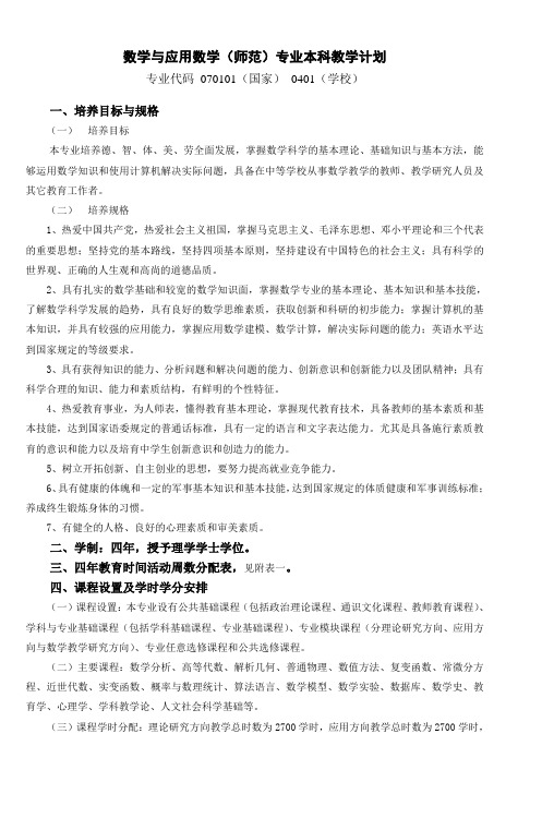 数学与应用数学(师范)专业本科教学计划