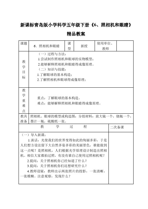 新课标青岛版小学科学五年级下册《6、照相机和眼睛》精品教案