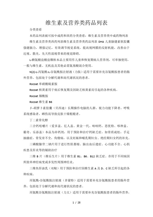 维生素及营养类中成药物列表参考模板