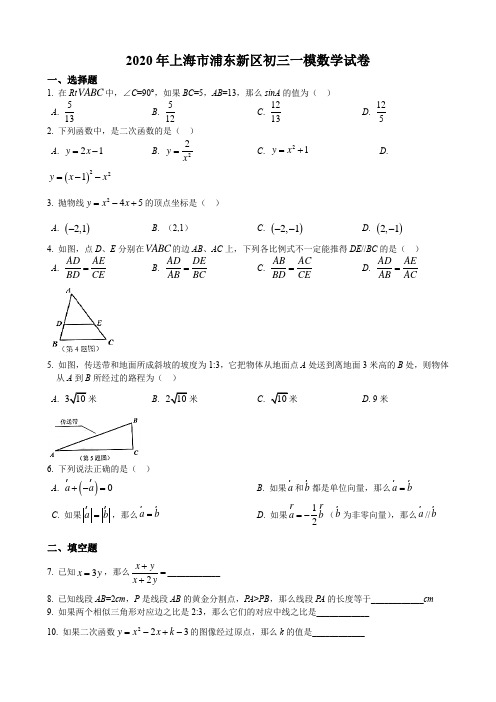 2020年上海市浦东新区初三中考一模数学试卷及答案 Word含解析