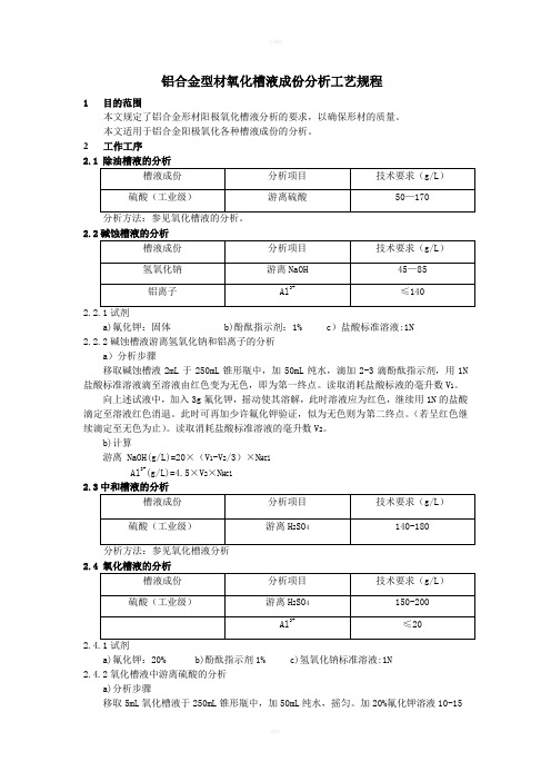 铝合金型材氧化槽液成份分析工艺规程