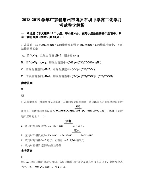 2018-2019学年广东省惠州市博罗石坝中学高二化学月考试卷含解析