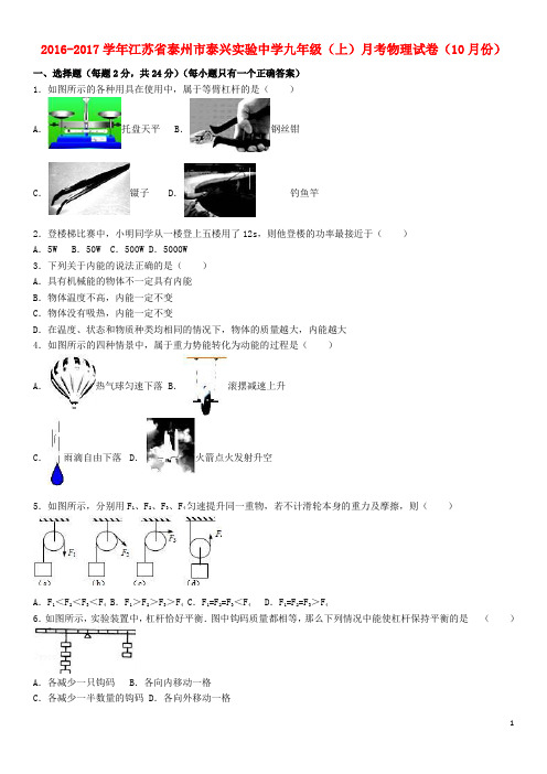 江苏省泰州市泰兴实验中学九年级物理上学期10月月考试卷(含解析) 苏科版