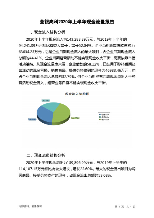 荃银高科2020年上半年现金流量报告
