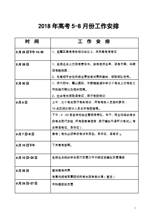 2018年高考8月份工作安排