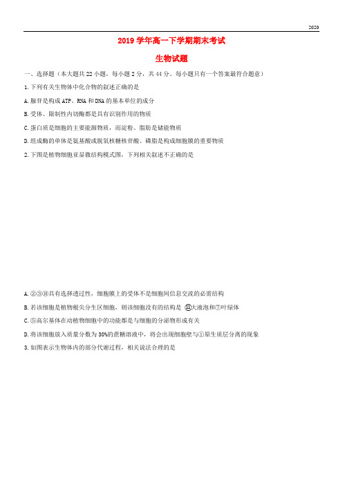 2020学年高一生物下学期期末考试试题 人教版 新版