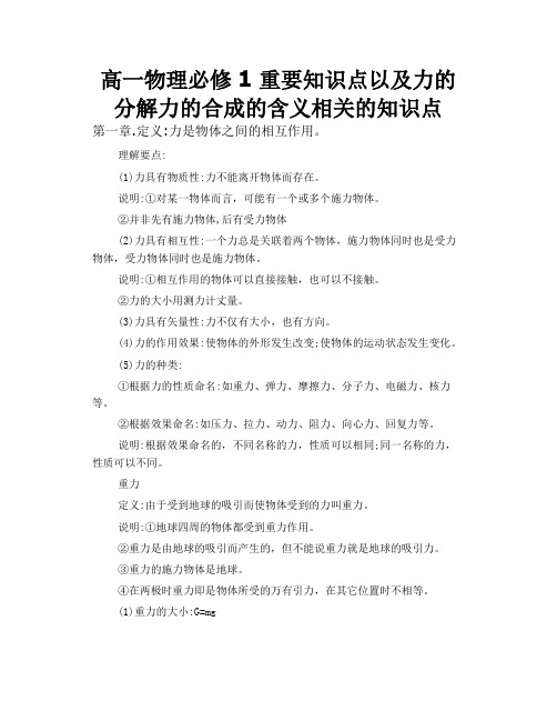 高一物理必修1重要知识点以及 力的分解  力的合成的含义相关的知识点