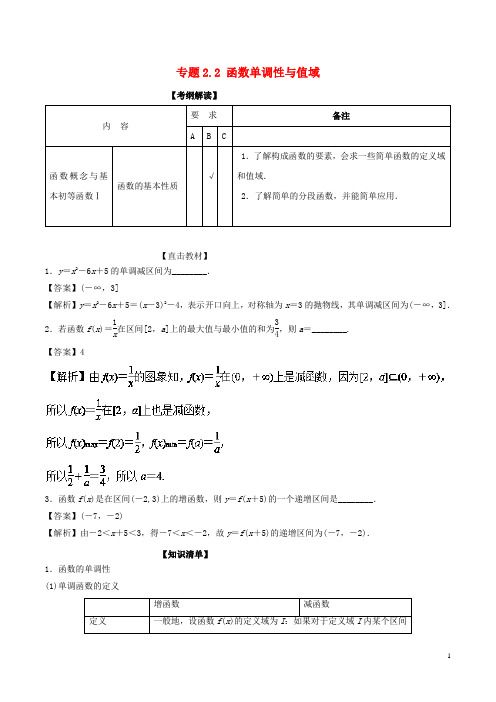 (江苏专版)2019年高考数学一轮复习 专题2.2 函数单调性与值域(讲)