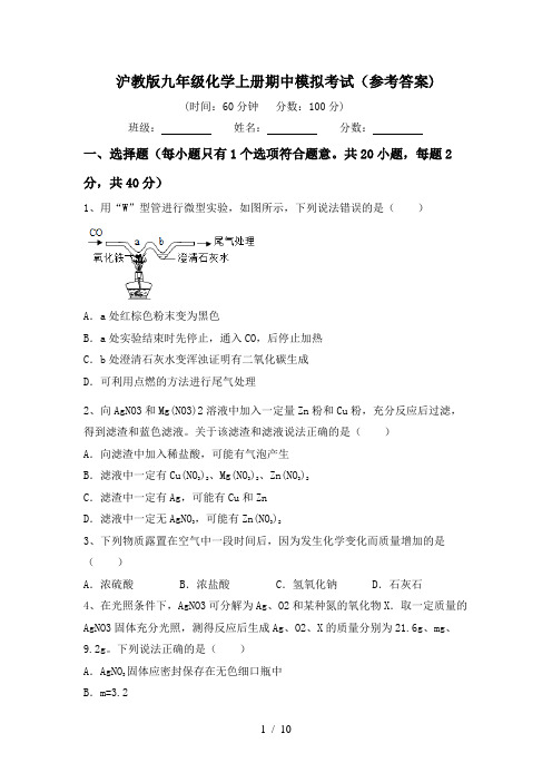 沪教版九年级化学上册期中模拟考试(参考答案)