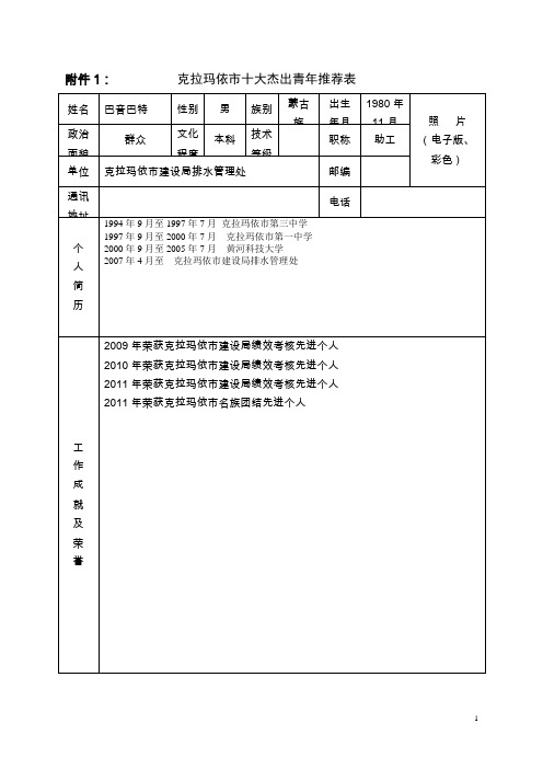 2012年十大杰出青年评选表格及样板