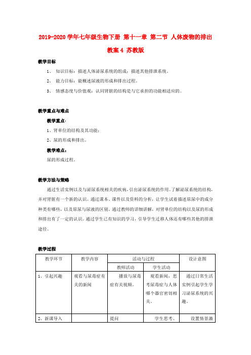 2019-2020学年七年级生物下册 第十一章 第二节 人体废物的排出教案4 苏教版.doc