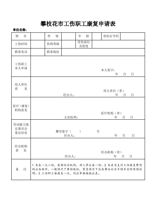 攀枝花市工伤职工康复申请表