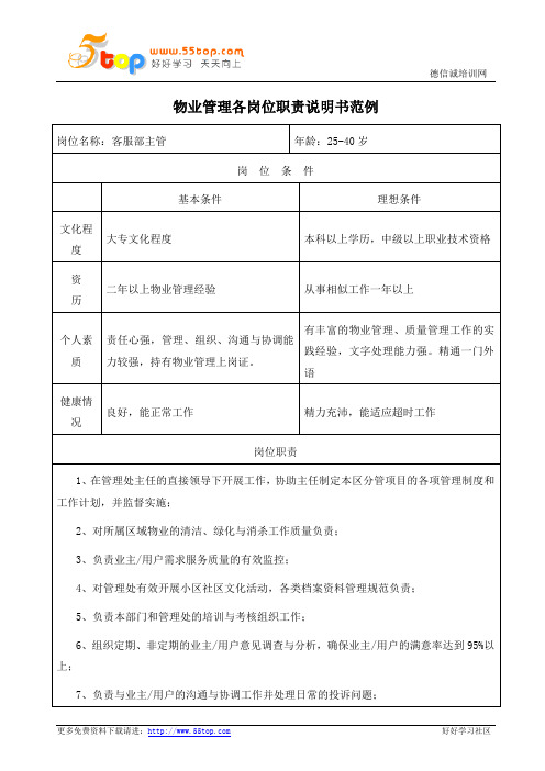 物业客服部主管岗位职责说明书