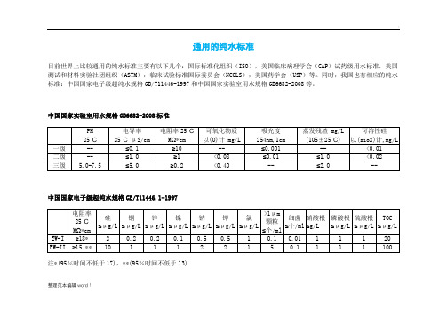 通用的纯水标准