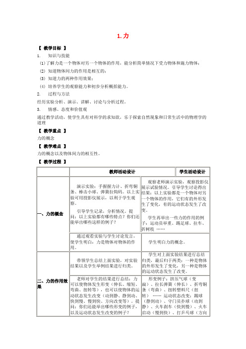 天津师院附中八年级物理下册第七章力1力教案新版教科版