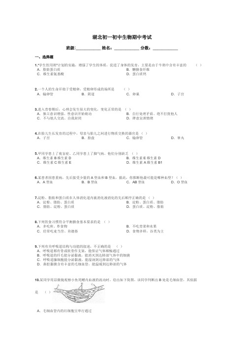 湖北初一初中生物期中考试带答案解析
